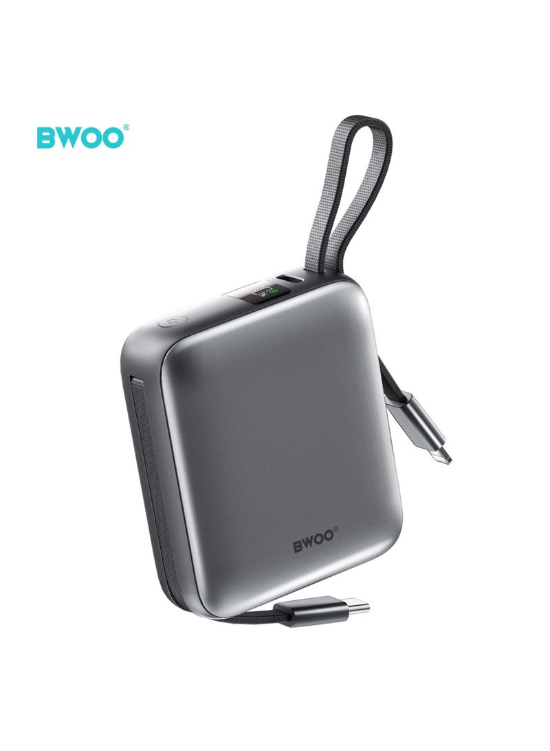 BWOO Mini Power Bank With Built-In Charging Cable 10000Mah Silver - Image 2
