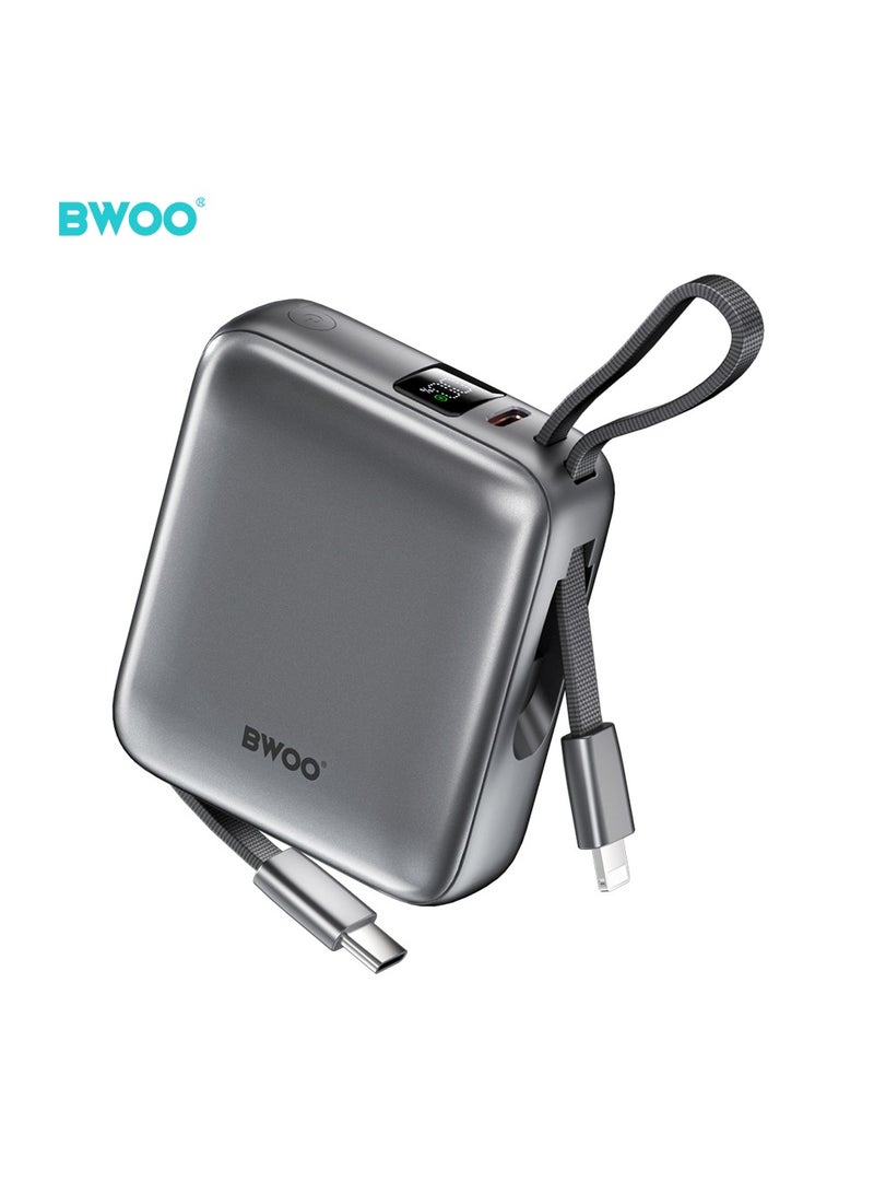 BWOO Mini Power Bank With Built-In Charging Cable 10000Mah Silver - Image 1