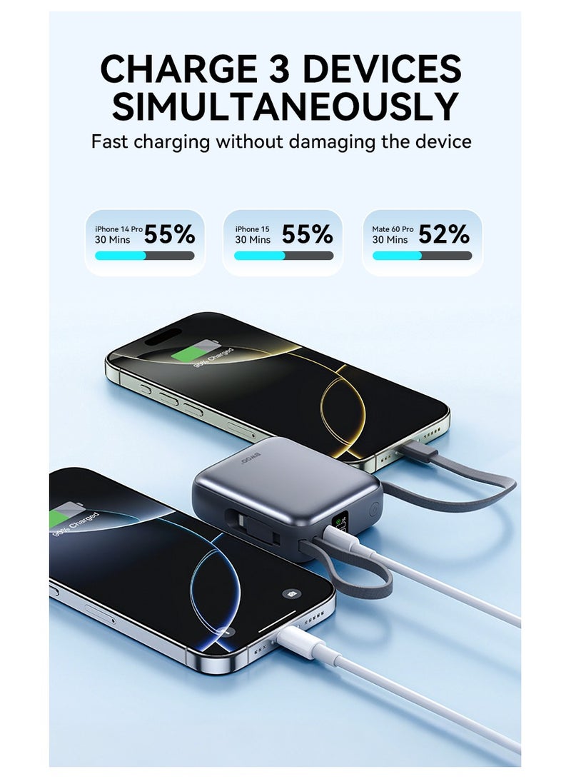 BWOO Mini Power Bank With Built-In Charging Cable 10000Mah Silver - Image 4