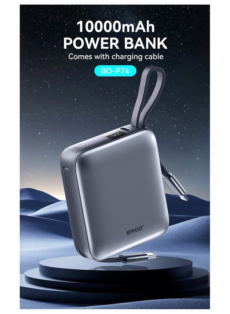 BWOO Mini Power Bank With Built-In Charging Cable 10000Mah Silver - Image 3