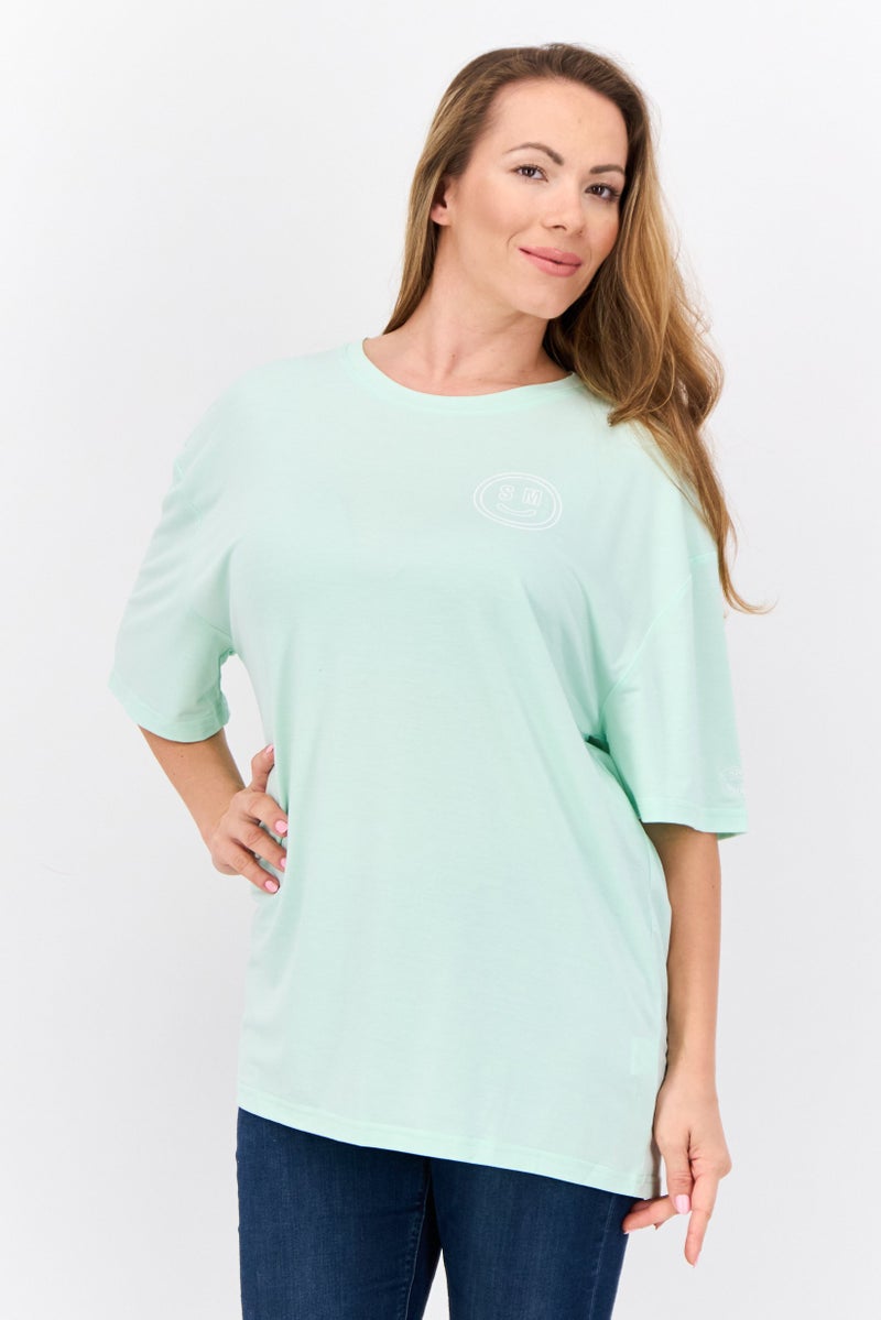 STEVE MADDEN Women Round Neck Short Sleeve Brand Logo T-Shirt, Mint Green - Image 1
