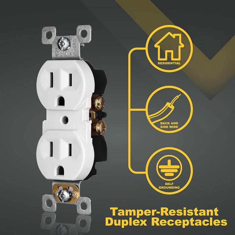Faith 10Pack Duplex Receptacle Outlet TamperResistant 3Prong Outlet Receptacle 3Wire SelfGrounding 2Pole15A 125V UL Listed White - Image 3