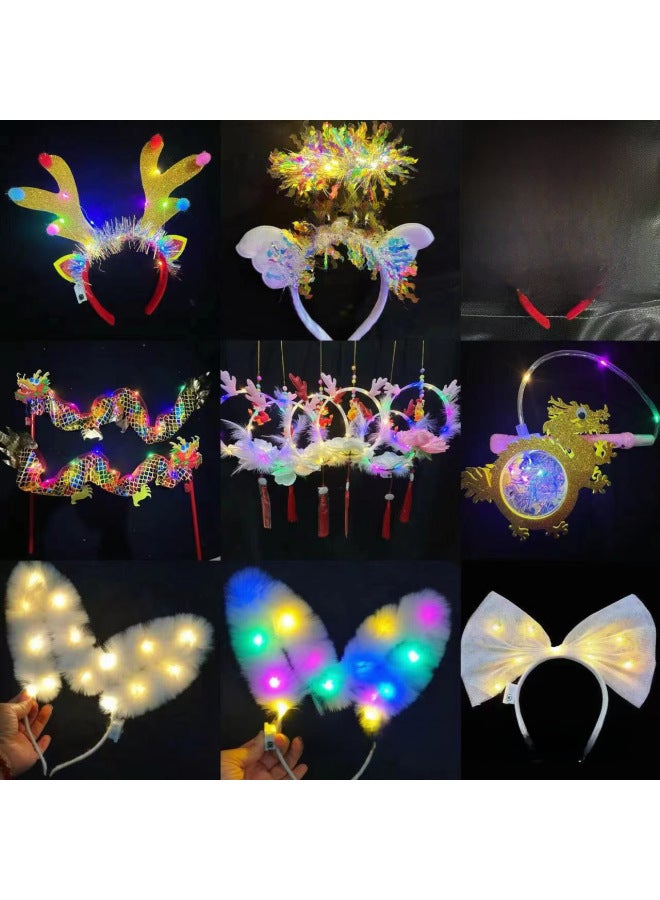 Hot Sale Luminous Rabbit Ear Hair Hoop Dragon Lantern Bow Ball Headwear 14 Light Woolly Rabbit Ear Toy-Color:14 Lamp Fur Rabbit Ear-pastel Lamp  - Image 2