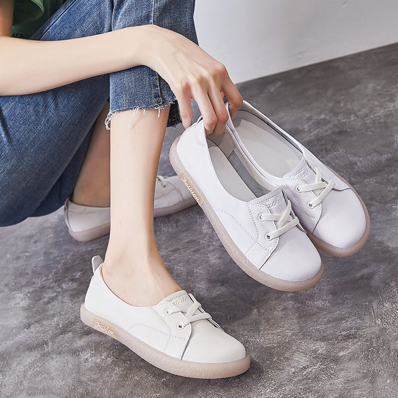 Genuine Leather White Sneakers For Pregnant Women, Summer Style, Flat Sole With Beef Tendon Insole, Shallow Retro Mori Style, Large Size Single Shoes For Women With Soft Shallow Insole - Image 3