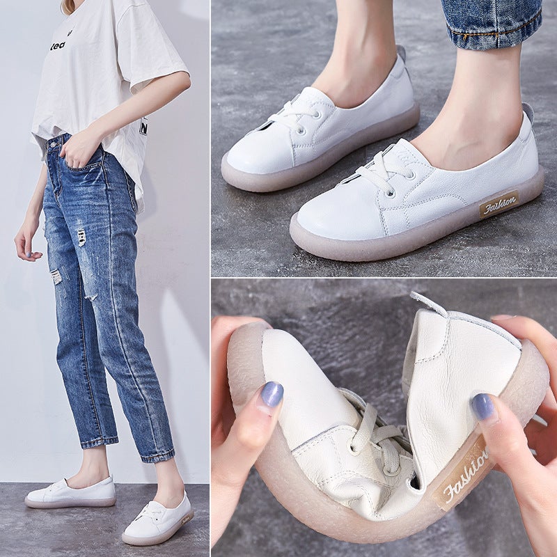 Genuine Leather White Sneakers For Pregnant Women, Summer Style, Flat Sole With Beef Tendon Insole, Shallow Retro Mori Style, Large Size Single Shoes For Women With Soft Shallow Insole - Image 2