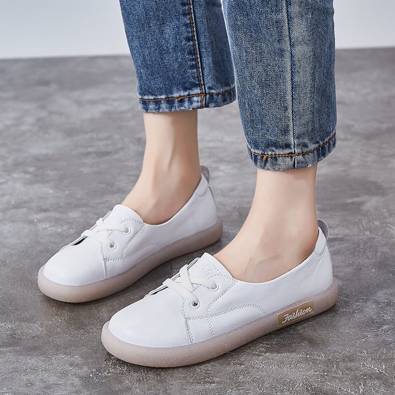 Genuine Leather White Sneakers For Pregnant Women, Summer Style, Flat Sole With Beef Tendon Insole, Shallow Retro Mori Style, Large Size Single Shoes For Women With Soft Shallow Insole - Image 4