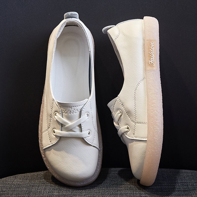 Genuine Leather White Sneakers For Pregnant Women, Summer Style, Flat Sole With Beef Tendon Insole, Shallow Retro Mori Style, Large Size Single Shoes For Women With Soft Shallow Insole - Image 1
