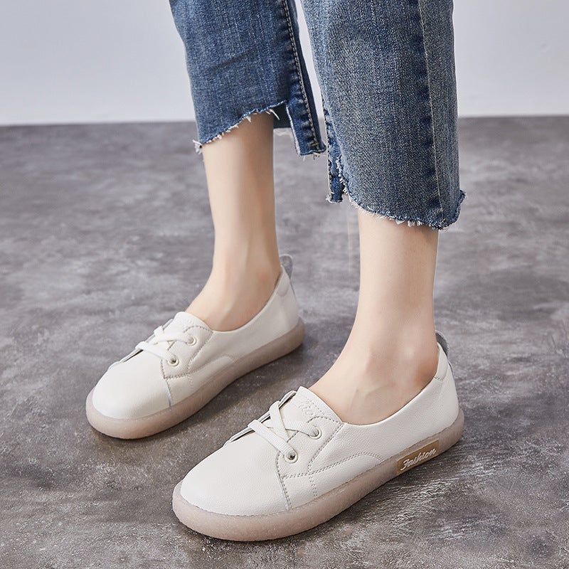 Genuine Leather White Sneakers For Pregnant Women, Summer Style, Flat Sole With Beef Tendon Insole, Shallow Retro Mori Style, Large Size Single Shoes For Women With Soft Shallow Insole - Image 5