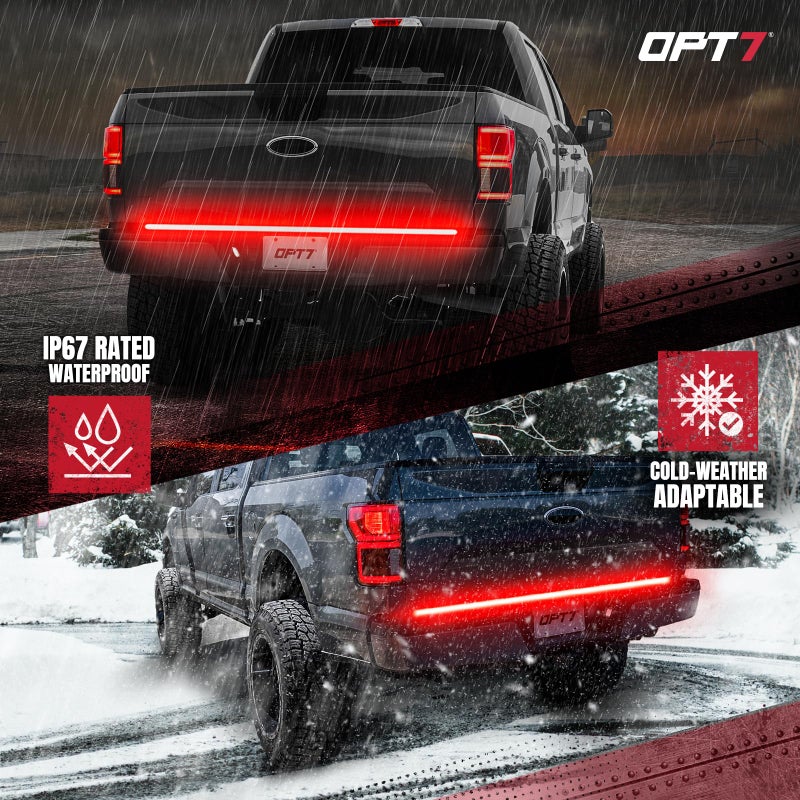 OPT7 60" Redline Triple Row LED Tailgate Light Bar w/Sequential Red Turn Signal, Rigid Aluminum Frame Strip â€“ Fits 2005â€“2014 F150, Ram, Silverado/Sierra 1500 â€“ Full Function: Brake, Reverse, Running - Image 3