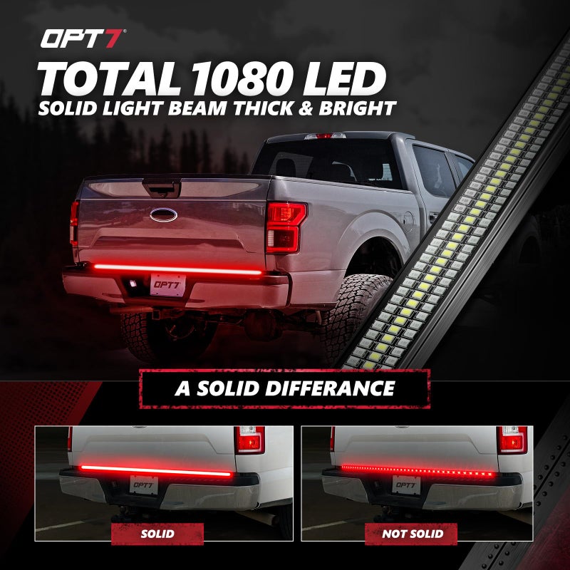 OPT7 60" Redline Triple Row LED Tailgate Light Bar w/Sequential Red Turn Signal, Rigid Aluminum Frame Strip â€“ Fits 2005â€“2014 F150, Ram, Silverado/Sierra 1500 â€“ Full Function: Brake, Reverse, Running - Image 5