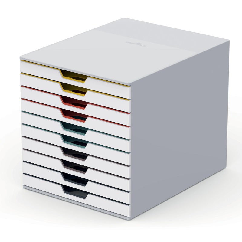 وحدة الأدراج المتينة VARICOLOR 10 باللون الأبيض مجموعة أدراج المكتب مع 10 أدراج ملونة بحجم الرسالة مثالية لتخزين الوثائق والأعمال الورقية