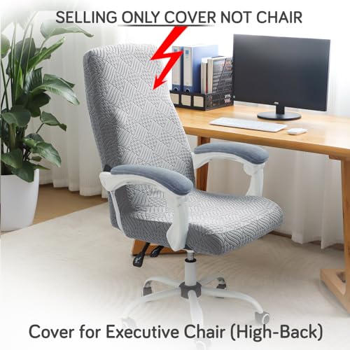 HOKIPO Office Chair Cover for Executive Chair (High-Back) – 170 GSM Stretchable Jacquard – Washable & Anti-Slip – Fits Big & Tall Office Chairs, Light Grey (AR-5364-LGRY-L) - Image 2