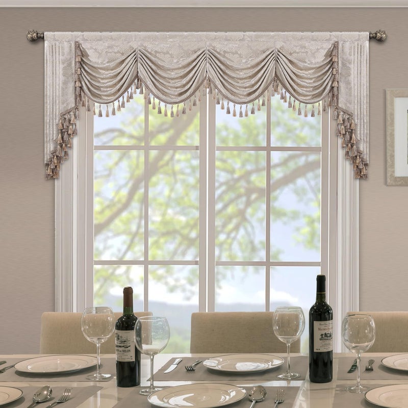Loom and Mill Luxury Jacquard Waterfall Valance for Living Room, Floral Damask Swag Window Valances with Multi-Tassels, Elegant Swag Curtains for Bedroom Holiday Banquet Decor(W110, Light Taupe+Gold) - Image 1