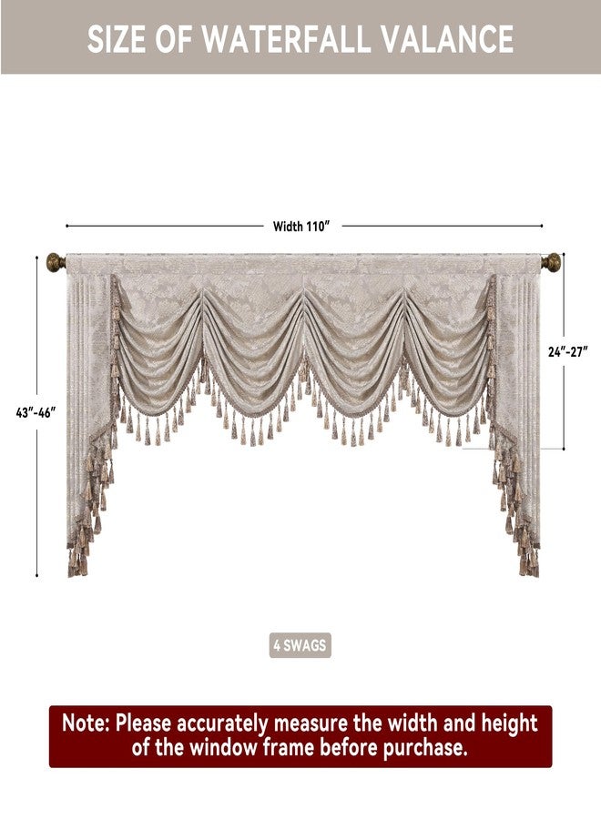 Loom and Mill Luxury Jacquard Waterfall Valance for Living Room, Floral Damask Swag Window Valances with Multi-Tassels, Elegant Swag Curtains for Bedroom Holiday Banquet Decor(W110, Light Taupe+Gold) - Image 2