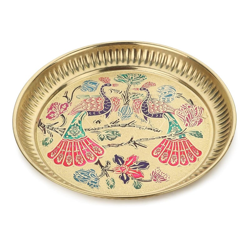 PIEPOT Brass Pooja Plate Puja Thali Arti Thali Traditional Designed Handcrafted Thal for Puja Ghar Home Office Mandir Diwali Weeding Return Gift Items 10 inch - Image 1