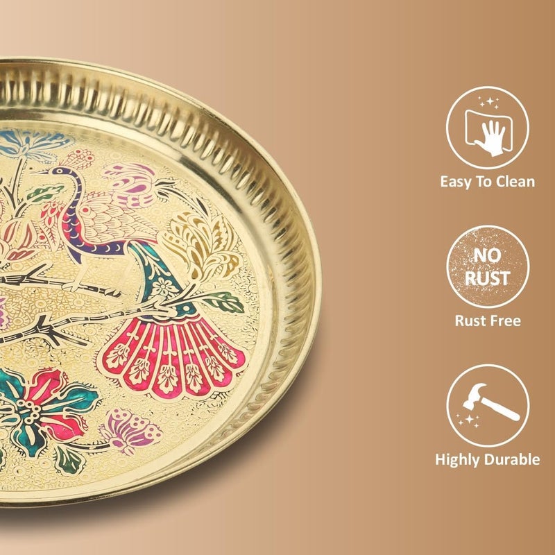 PIEPOT Brass Pooja Plate Puja Thali Arti Thali Traditional Designed Handcrafted Thal for Puja Ghar Home Office Mandir Diwali Weeding Return Gift Items 10 inch - Image 5