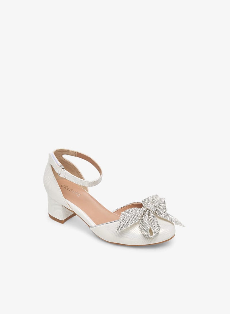 Celeste Girls Bow Applique Block Heel Shoes With Hook And Loop Closure - Image 3