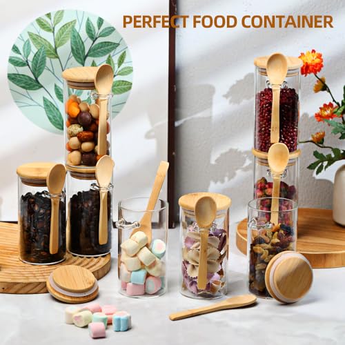 Recceng Glass Sugar Container with Spoon, 8 Pack 10oz Glass Tea Jars with Bamboo Lids and Spoons, Loose Leaf Tea Containers for Coffee Beans, Brown Sugar, Nuts, Candy, Bath Salts - Image 3