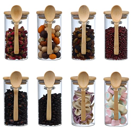 Recceng Glass Sugar Container with Spoon, 8 Pack 10oz Glass Tea Jars with Bamboo Lids and Spoons, Loose Leaf Tea Containers for Coffee Beans, Brown Sugar, Nuts, Candy, Bath Salts - Image 1
