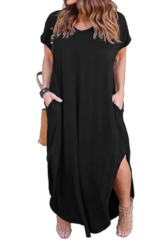 Nemidor Plus Size Maxi Dresses for Curvy Women Casual Summer Slit Loose Short Sleeve Long Dress with Pocket 1426 18822Black