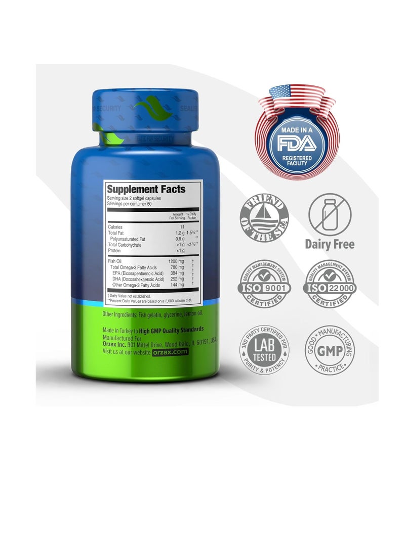 ORZAX Fish Oil 1200 mg, EPA&DHA, Triglyceride Form Burpless Omega 3, Lemon Flavor, Supports Heart, Brain, Eyes, and Joints, 120 Softgels,60 Day Supply  - Image 2