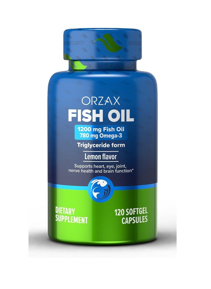ORZAX Fish Oil 1200 mg, EPA&DHA, Triglyceride Form Burpless Omega 3, Lemon Flavor, Supports Heart, Brain, Eyes, and Joints, 120 Softgels,60 Day Supply  - Image 1