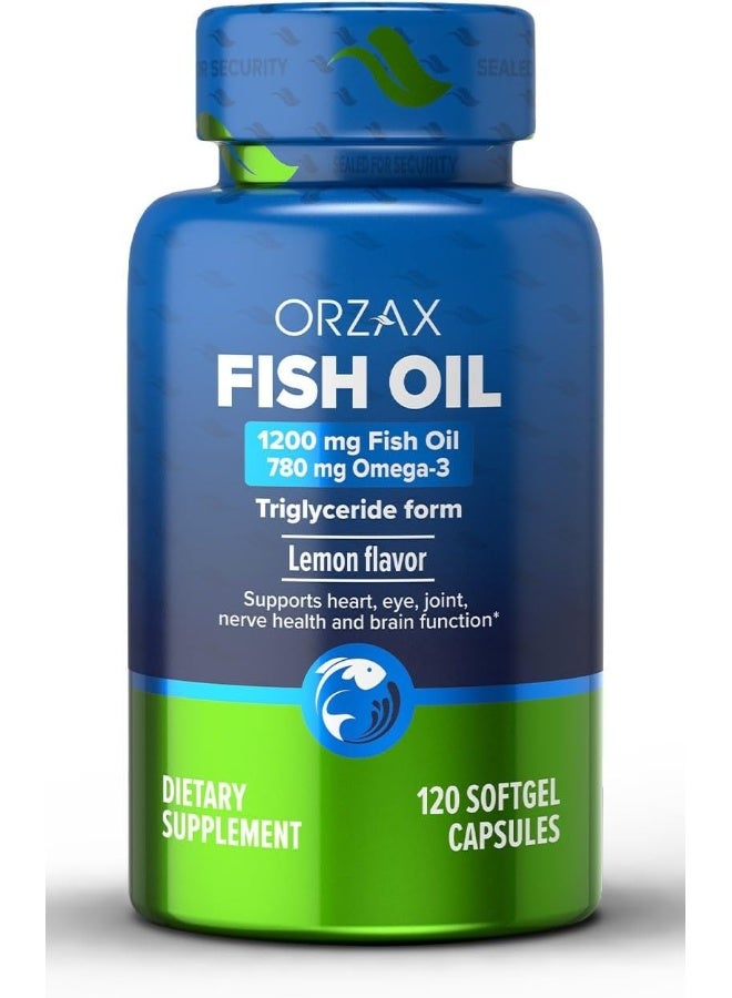 ORZAX Fish Oil 1200 mg, EPA&DHA, Triglyceride Form Burpless Omega 3, Lemon Flavor, Supports Heart, Brain, Eyes, and Joints, 120 Softgels, 60 Day Supply - Image 1
