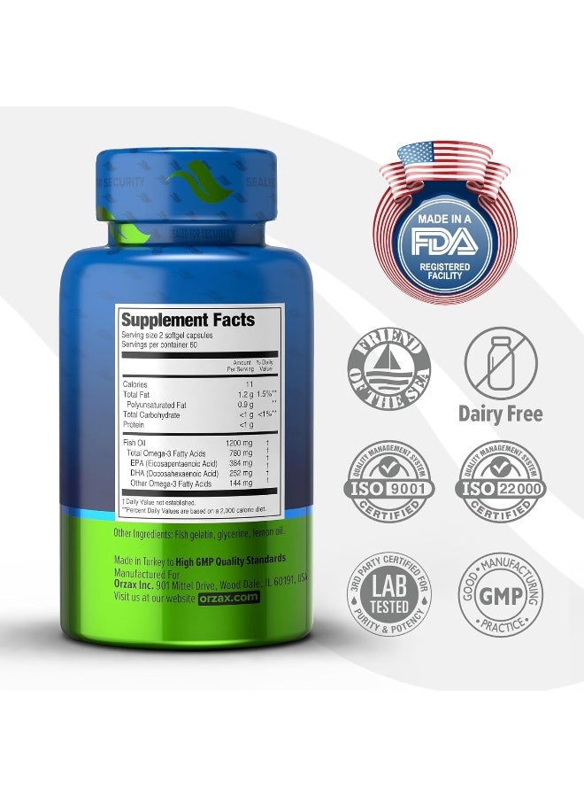 ORZAX Fish Oil 1200 mg, EPA&DHA, Triglyceride Form Burpless Omega 3, Lemon Flavor, Supports Heart, Brain, Eyes, and Joints, 120 Softgels, 60 Day Supply - Image 2