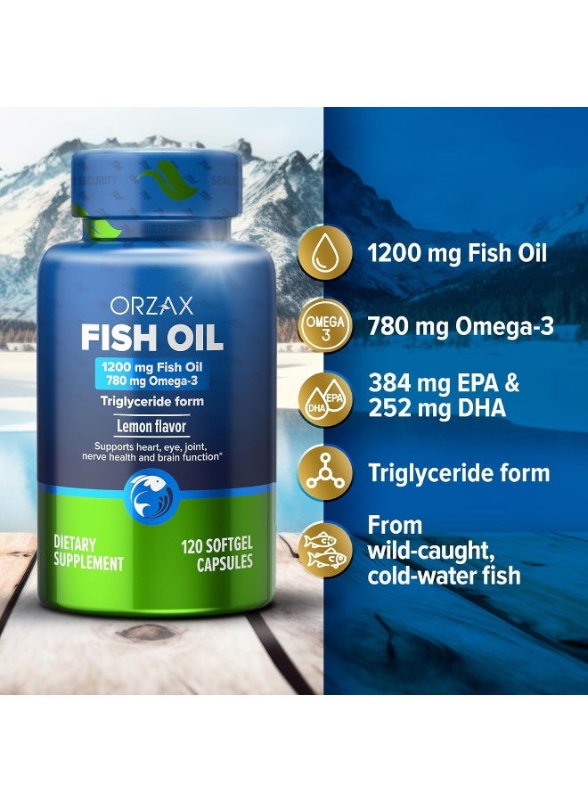ORZAX Fish Oil 1200 mg, EPA&DHA, Triglyceride Form Burpless Omega 3, Lemon Flavor, Supports Heart, Brain, Eyes, and Joints, 120 Softgels, 60 Day Supply - Image 3