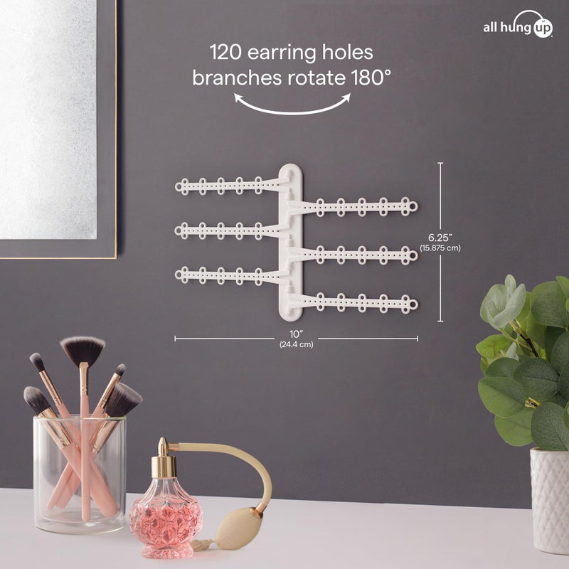 All Hung Up 6-Tier 6" Wall Jewelry Organizer, Command Strips included for Easy Hanging, 120 Hole Earring Organizer, Necklace Organizer, Bracelet Holder, Ring Holder, Rotating Branches (White 6-TIer) - Image 4