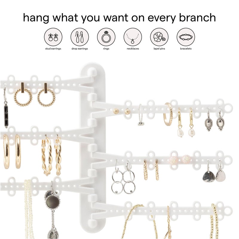 All Hung Up 6-Tier 6" Wall Jewelry Organizer, Command Strips included for Easy Hanging, 120 Hole Earring Organizer, Necklace Organizer, Bracelet Holder, Ring Holder, Rotating Branches (White 6-TIer) - Image 3