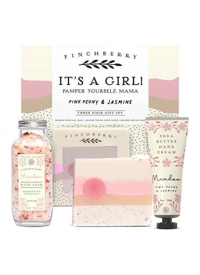 FinchBerry FinchBerry 3-Piece Gift Set - It’s A Girl! Baby Shower Gift, New Mom Care Package, First-Time Mom Gifts, Baby Girl Gift - Includes Handmade Shea Butter Soap(4.5oz), Bath Soak (20oz) & Hand Cream (1oz)  - Image 1