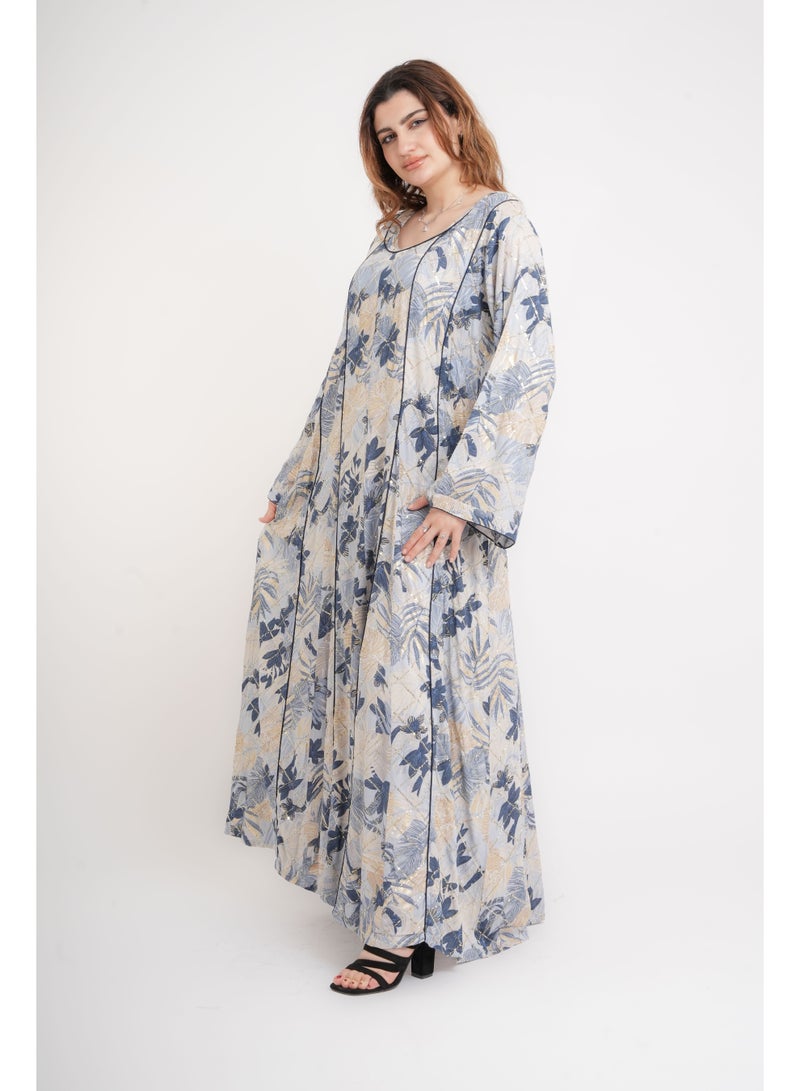 اكسا جلابية مودرن أناقة الزهور  أزرق - Image 3