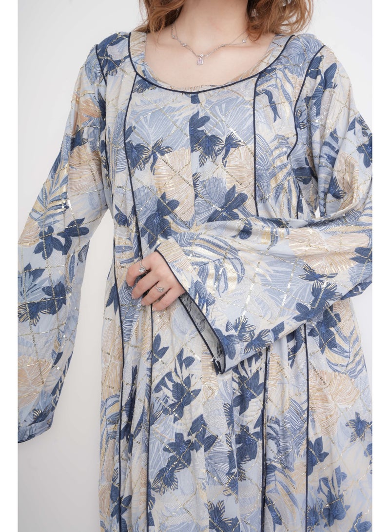 اكسا جلابية مودرن أناقة الزهور  أزرق - Image 2