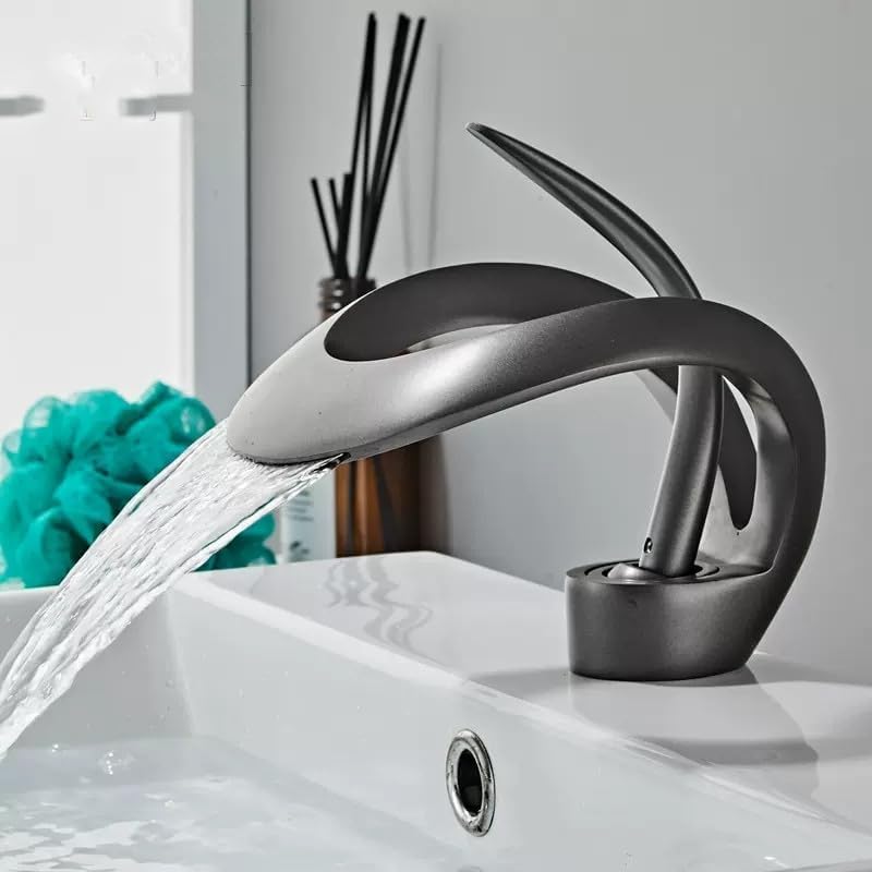 waqif Water Tap Bathroom Basin Faucet Grey Bathroom Brass Single Handle Waterfall Mixer Tap Style Hot Cold Water Brass Basin Crane Mixer Taps,Grey - Image 2