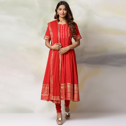 Biba Women's Red Cotton Anarkali Suit_44 - Image 4