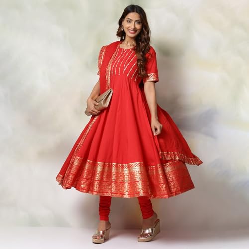 Biba Women's Red Cotton Anarkali Suit_44 - Image 5