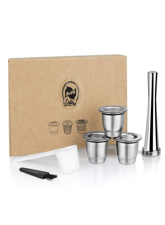 i Cafilas Reusable Coffee Pods Compatible with Nespresso Original Line, Stainless Steel Refillable Espresso Capsules with Tamper, Dishwasher Safe Metal Cups (3 Pods + 1 Tamper) - Image 1