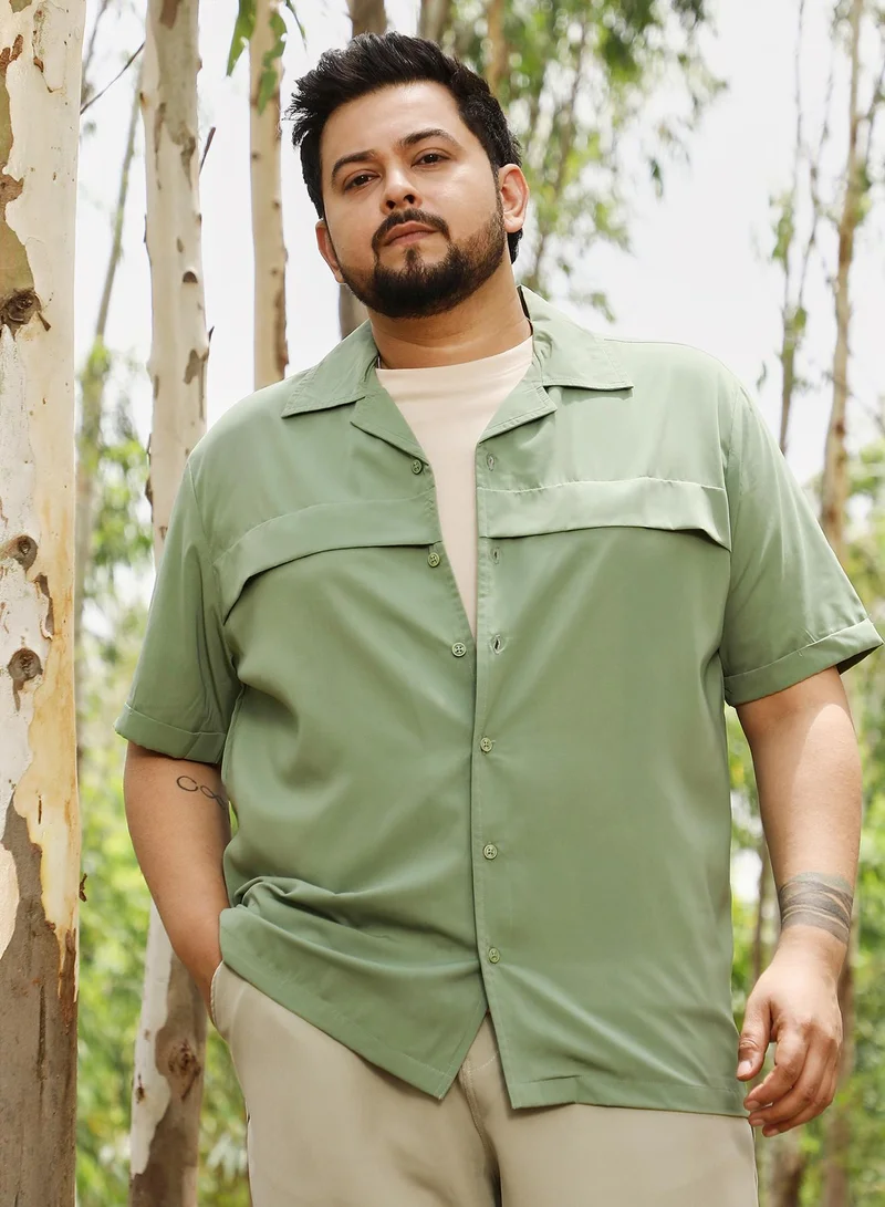 انستافاب بلس قميص رجالي Instafab أخضر فستقي بياقة كوبانية وأزرار