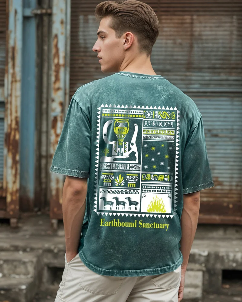 بيواكوف Men's Dark Sea Green Sanctuary Graphic Printed Oversized Acid Wash T-shirt
