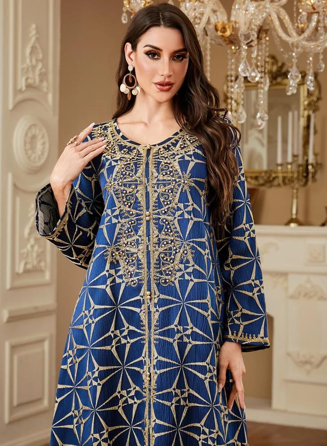 Take Two Dark Blue Women Textured Faux Pearl Detail Jalabiya for Women | Best Price UAE