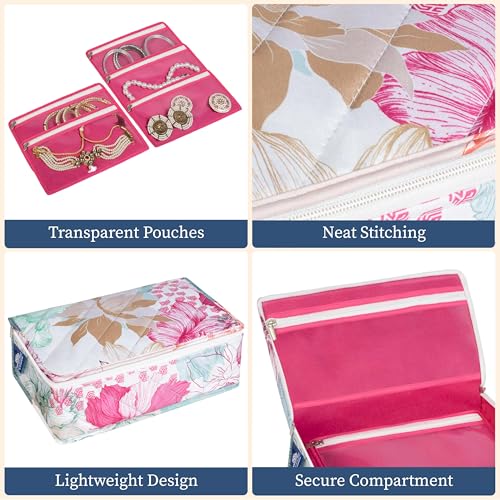 HomeStrap Gulmohar Luxe Jewellery Pouch - Floral Design Organizer | Elegant Jewellery Storage for storing bangles, earrings, rings & necklace (Pink) - Image 4