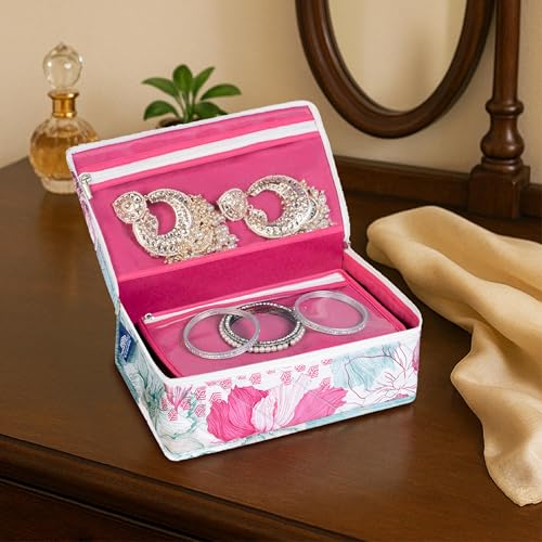 HomeStrap Gulmohar Luxe Jewellery Pouch - Floral Design Organizer | Elegant Jewellery Storage for storing bangles, earrings, rings & necklace (Pink) - Image 1