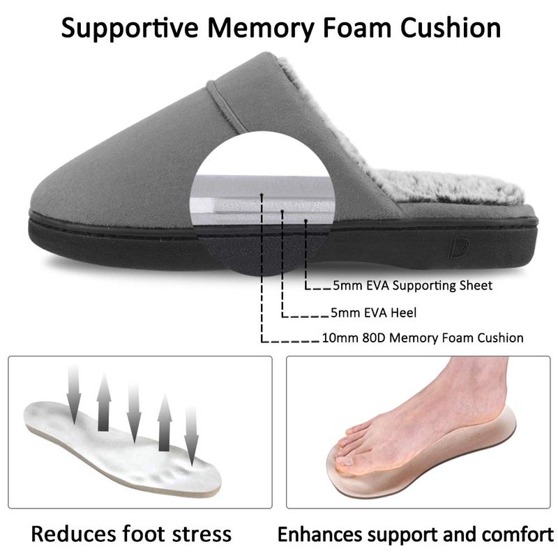 DL Memory Foam Slippers with Fuzzy Plush Lining, Slip-On House Slippers for Men & Women, Anti-Skid Rubber Sole, Indoor/Outdoor, Grey, 9-10 - Image 3