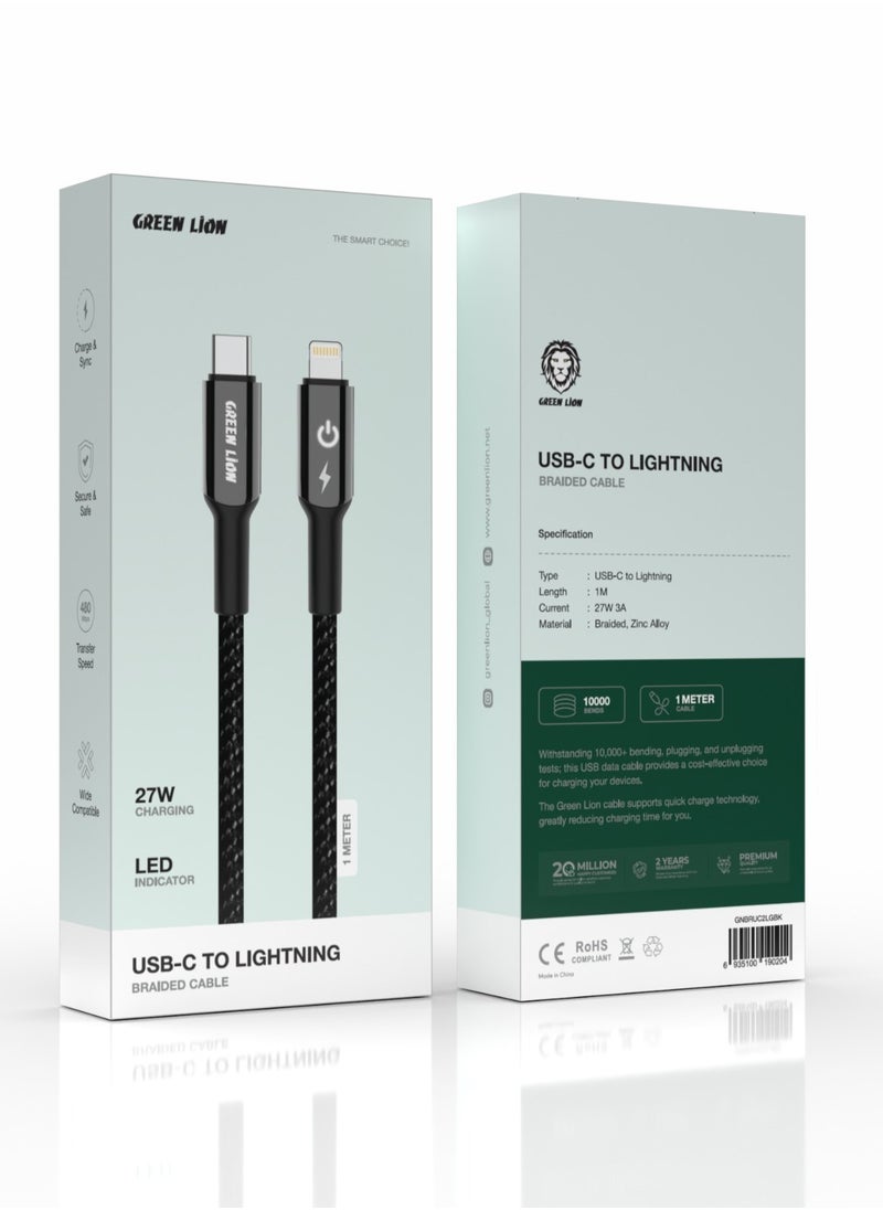 GREEN LION - USB-C to Lightning Braided Cable / High Transfer Speed / Wide Compatible / Auto Disconnect / Charge & Sync / LED Indicator / Secure & Safe / 1 Meter Cable / 10000 Bends - Black - Image 1