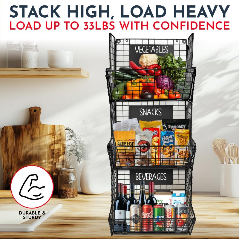 Culinary Couture 3-Tier XL Wall Hanging Fruit Baskets for Kitchen Organizing Fruits and Vegetables, Heavy-Duty Wall Basket for Storage with Chalkboards & S-Hooks, Wire Hanging Fruit Basket for Kitchen & Pantry - Image 4