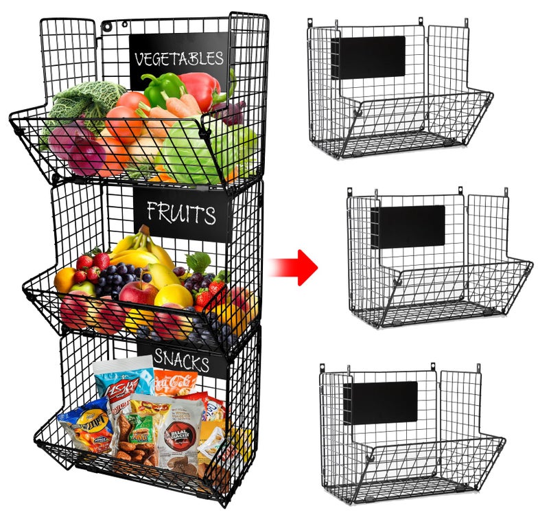 Culinary Couture 3-Tier XL Wall Hanging Fruit Baskets for Kitchen Organizing Fruits and Vegetables, Heavy-Duty Wall Basket for Storage with Chalkboards & S-Hooks, Wire Hanging Fruit Basket for Kitchen & Pantry - Image 1