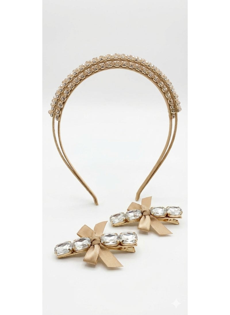 Crystal Headband for Women with Matching Hair Clips – Rhinestone Party Wear Hair Accessories Set, Fancy Stone Hair Band for Wedding, Party & Festive Styling - Image 1