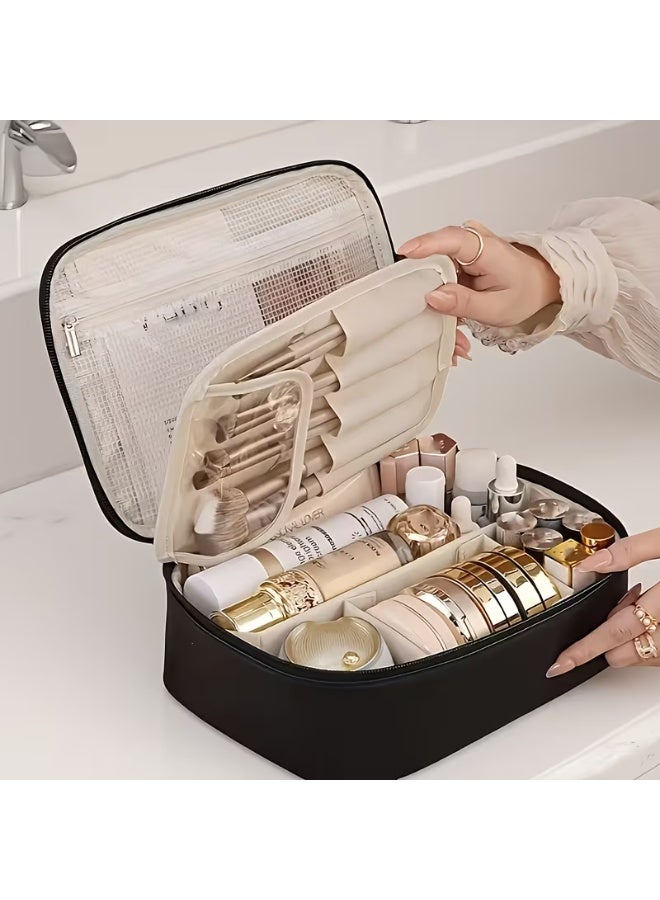 شي إن شنطة مكياج احترافية مقسمة للسفر - منظم مستحضرات تجميل بسعة كبيرة مع جيوب للفرش وشبكة تخزين - أسود - Image 1