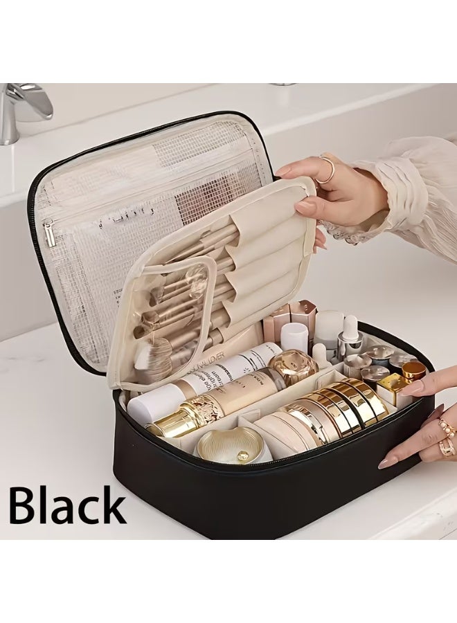 شي إن شنطة مكياج احترافية مقسمة للسفر - منظم مستحضرات تجميل بسعة كبيرة مع جيوب للفرش وشبكة تخزين - أسود - Image 2